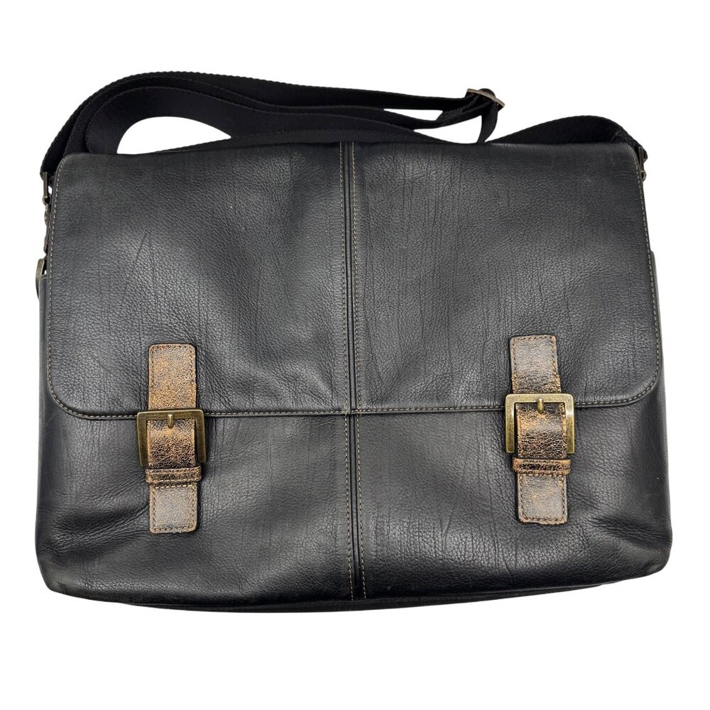 Boconi Black Distressed Bryant Slim Double Buckle Classic Travel Messenger Bag